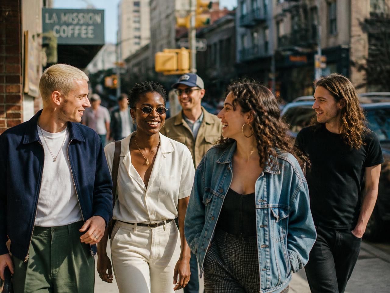 Friends walking and talking through a sunny city street