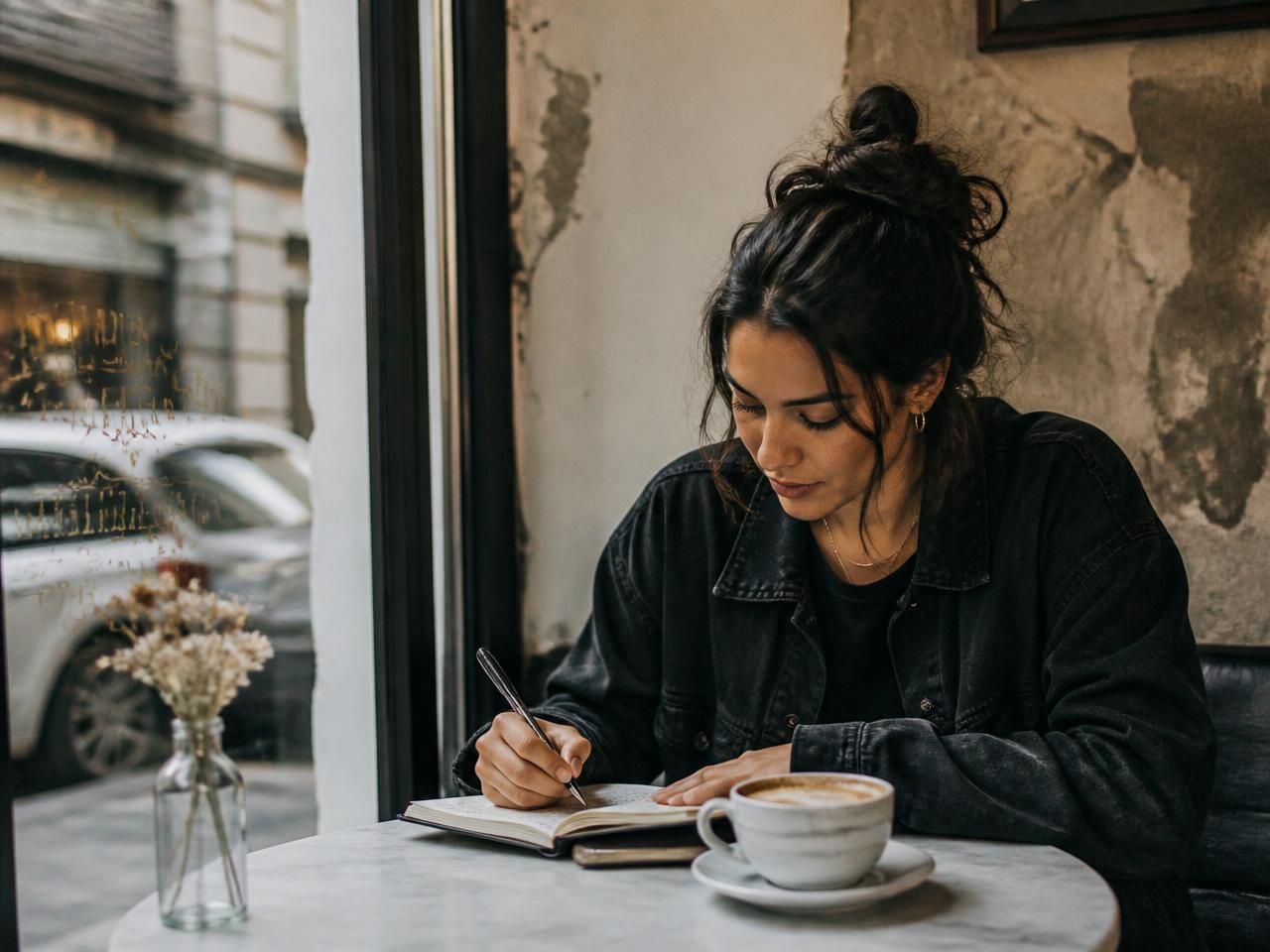Person journaling at a cafe table by a window